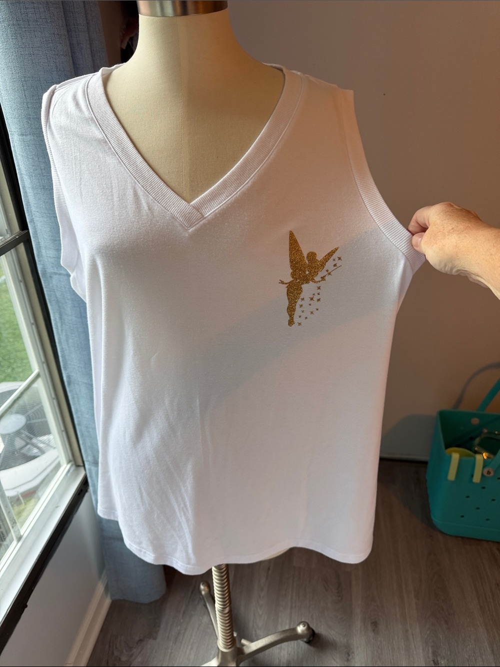 White V-Neck Tank Top with Tinkerbell gold glitter
